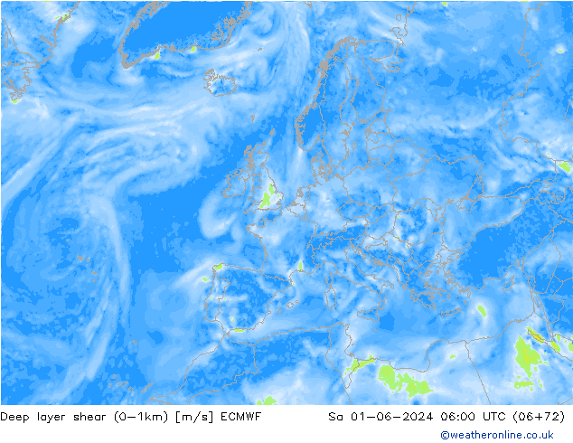 Deep layer shear (0-1km) ECMWF Sa 01.06.2024 06 UTC