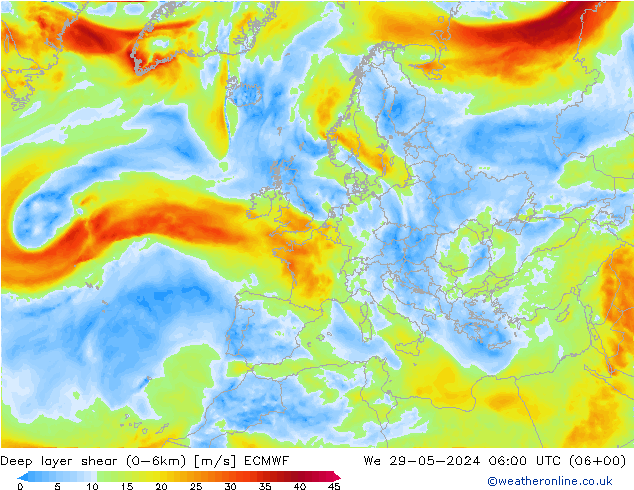 Deep layer shear (0-6km) ECMWF We 29.05.2024 06 UTC