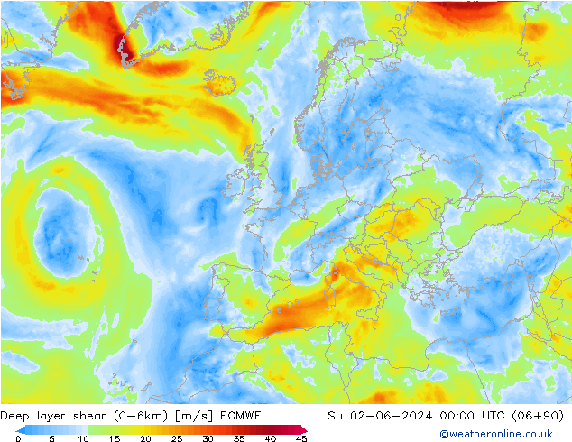 Deep layer shear (0-6km) ECMWF zo 02.06.2024 00 UTC