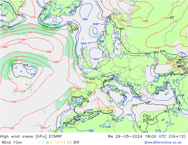 High wind areas ECMWF mer 29.05.2024 18 UTC