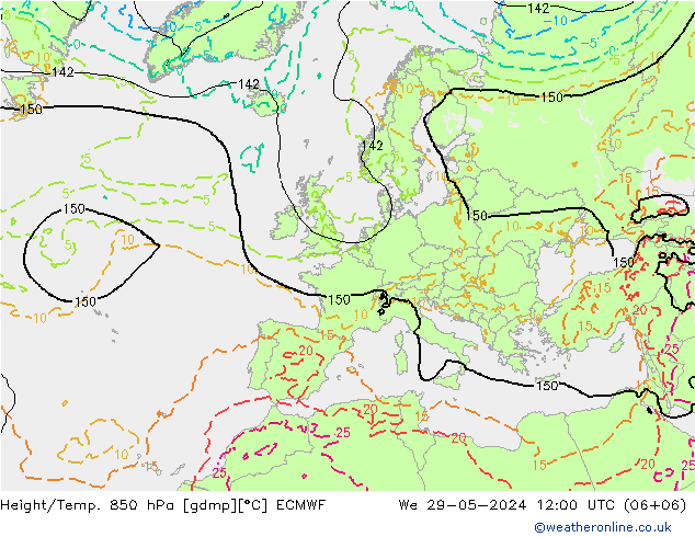 Z500/Yağmur (+YB)/Z850 ECMWF Çar 29.05.2024 12 UTC