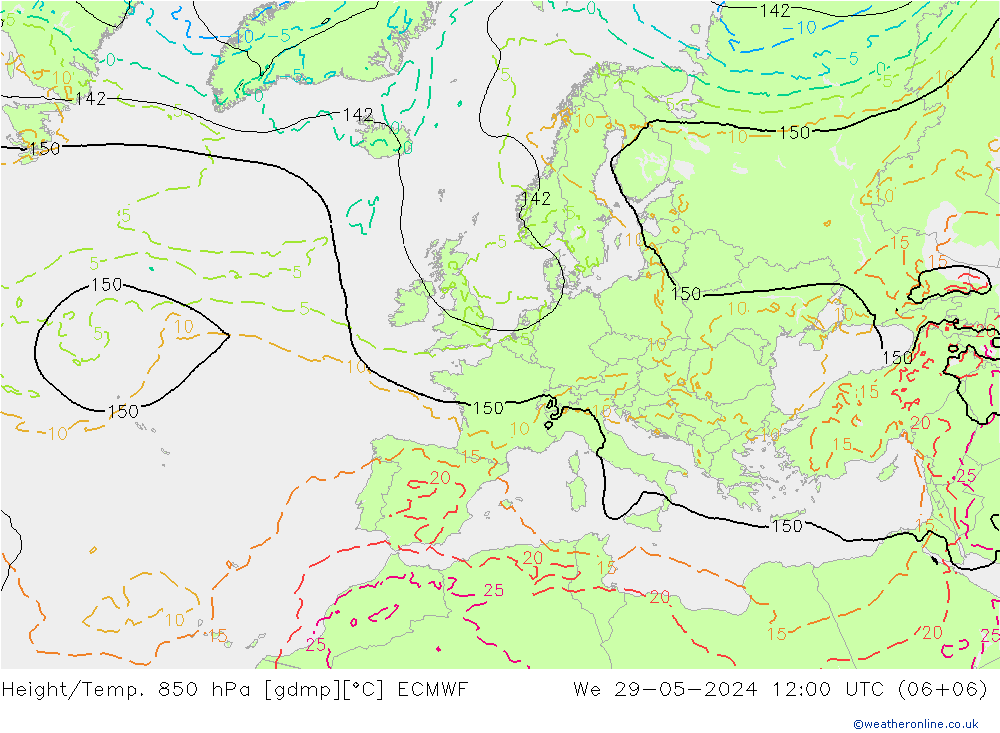 Z500/Yağmur (+YB)/Z850 ECMWF Çar 29.05.2024 12 UTC