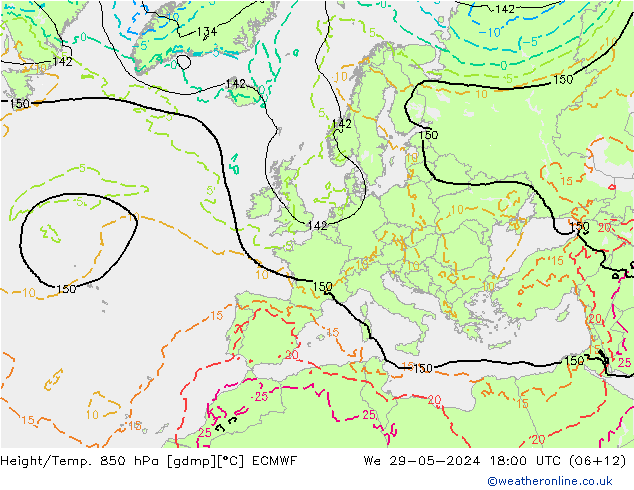 Geop./Temp. 850 hPa ECMWF mié 29.05.2024 18 UTC