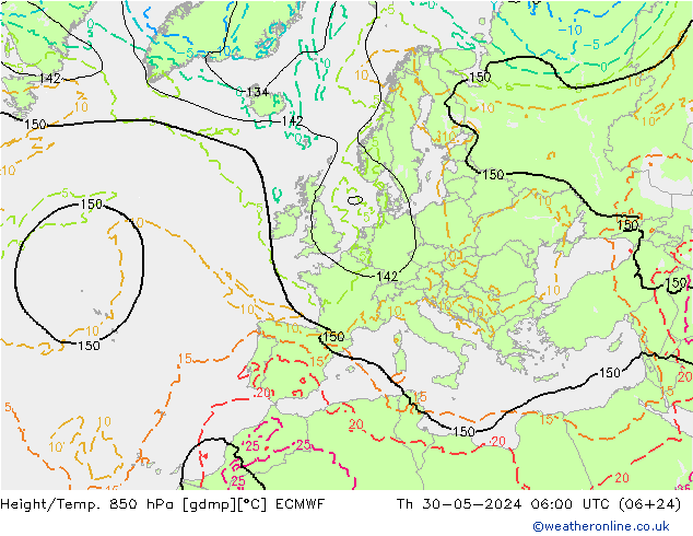 Z500/Rain (+SLP)/Z850 ECMWF 星期四 30.05.2024 06 UTC