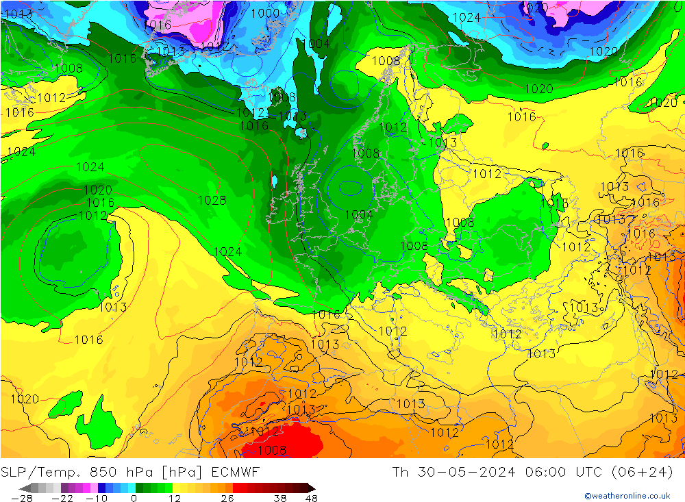 SLP/Temp. 850 hPa ECMWF Th 30.05.2024 06 UTC