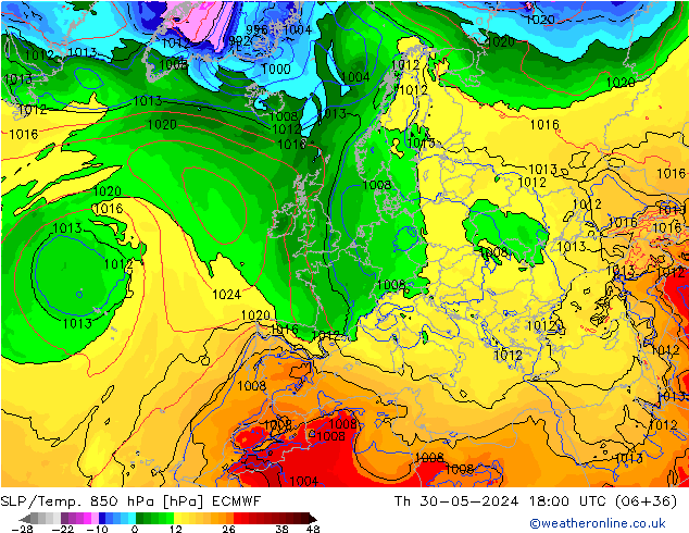 SLP/Temp. 850 hPa ECMWF Čt 30.05.2024 18 UTC