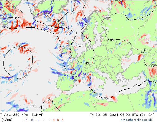 T-Adv. 850 hPa ECMWF czw. 30.05.2024 06 UTC