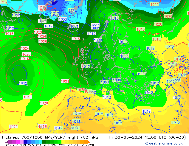 Thck 700-1000 hPa ECMWF Th 30.05.2024 12 UTC