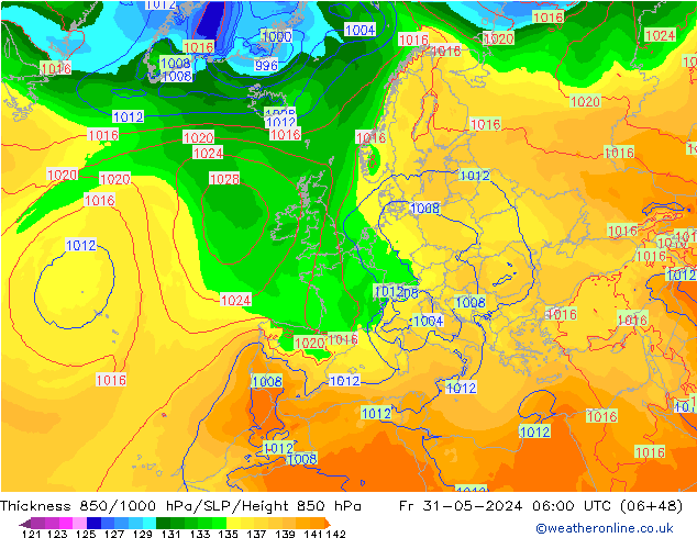 Thck 850-1000 hPa ECMWF Fr 31.05.2024 06 UTC