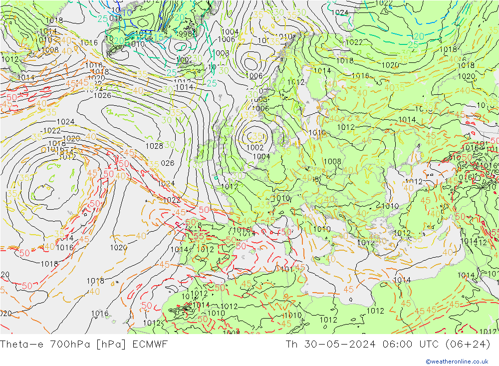 Theta-e 700hPa ECMWF czw. 30.05.2024 06 UTC