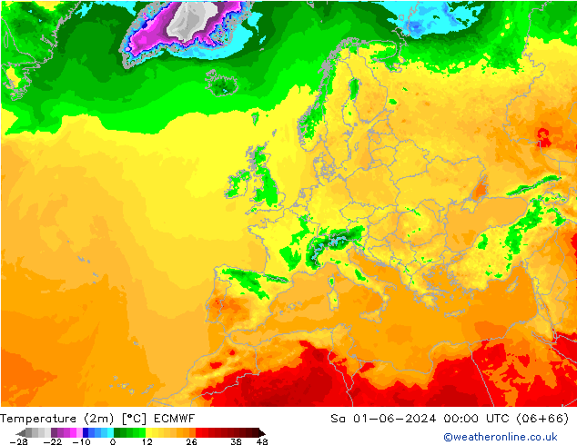 карта температуры ECMWF сб 01.06.2024 00 UTC