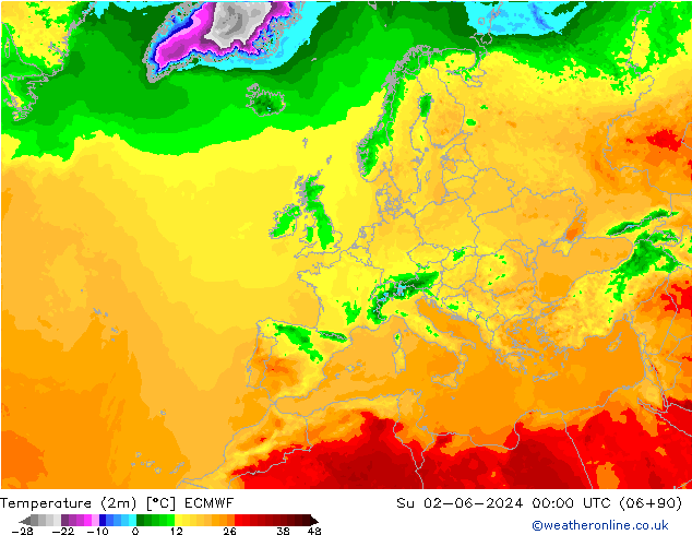 Temperatuurkaart (2m) ECMWF zo 02.06.2024 00 UTC