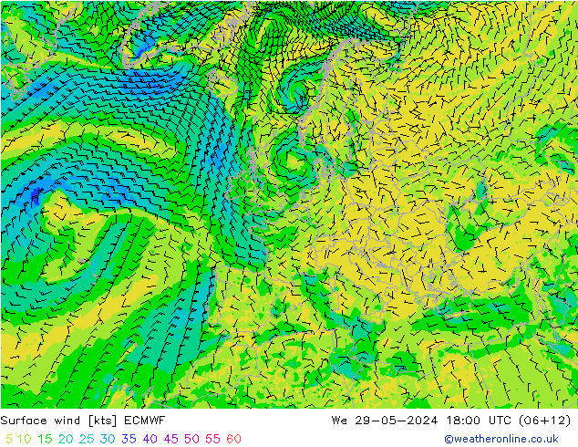 wiatr 10 m ECMWF śro. 29.05.2024 18 UTC