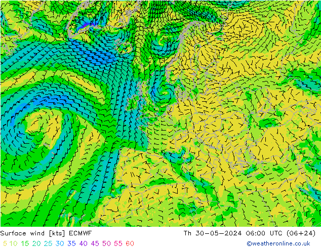 Viento 10 m ECMWF jue 30.05.2024 06 UTC