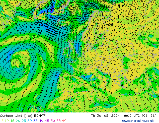 Wind 10 m ECMWF do 30.05.2024 18 UTC