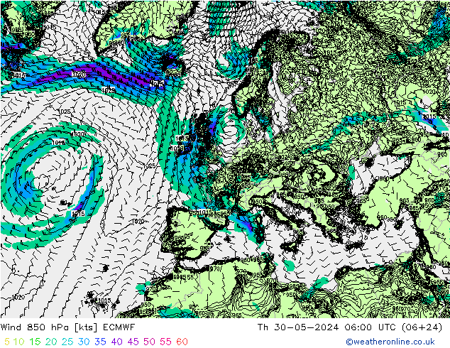 风 850 hPa ECMWF 星期四 30.05.2024 06 UTC