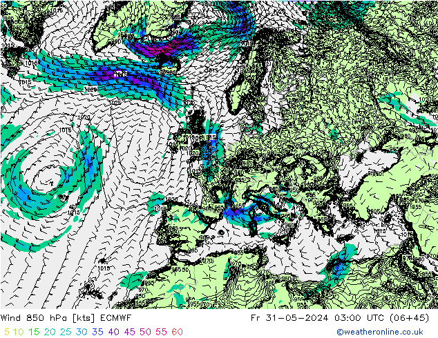 Rüzgar 850 hPa ECMWF Cu 31.05.2024 03 UTC