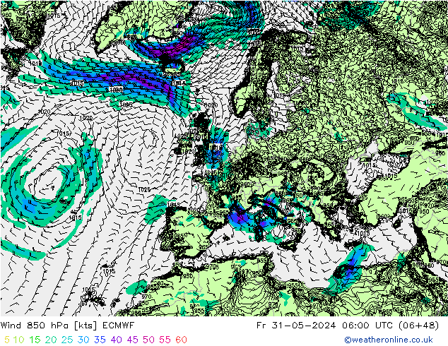 Wind 850 hPa ECMWF Fr 31.05.2024 06 UTC