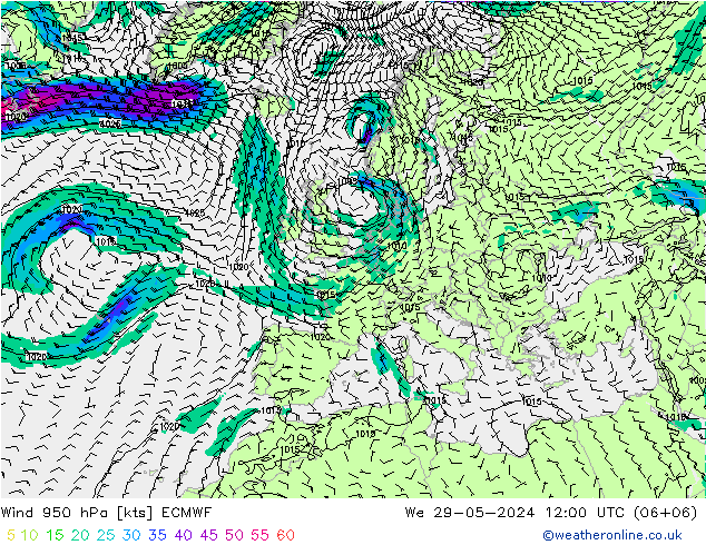 Vento 950 hPa ECMWF mer 29.05.2024 12 UTC