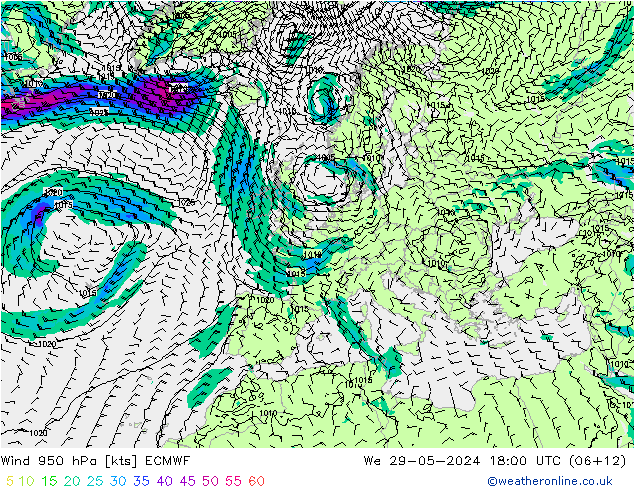 Viento 950 hPa ECMWF mié 29.05.2024 18 UTC