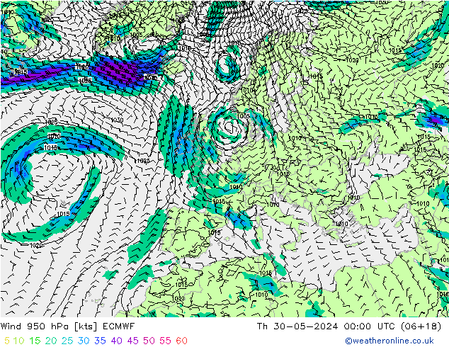 Wind 950 hPa ECMWF Čt 30.05.2024 00 UTC