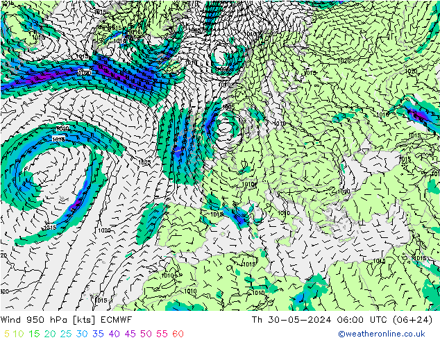 Vento 950 hPa ECMWF Qui 30.05.2024 06 UTC