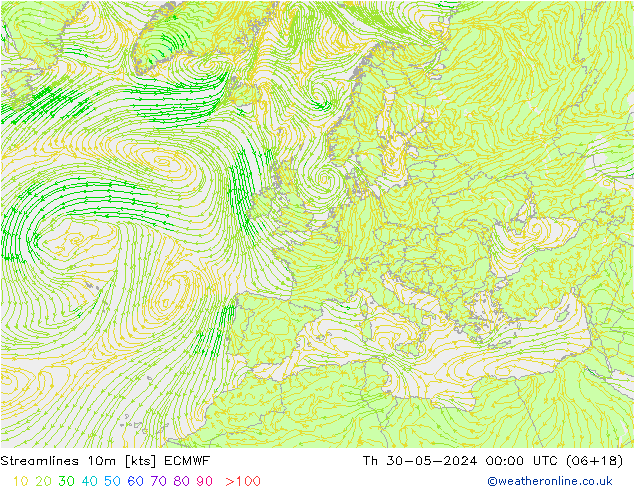 Streamlines 10m ECMWF Čt 30.05.2024 00 UTC