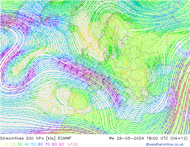 Linha de corrente 200 hPa ECMWF Qua 29.05.2024 18 UTC