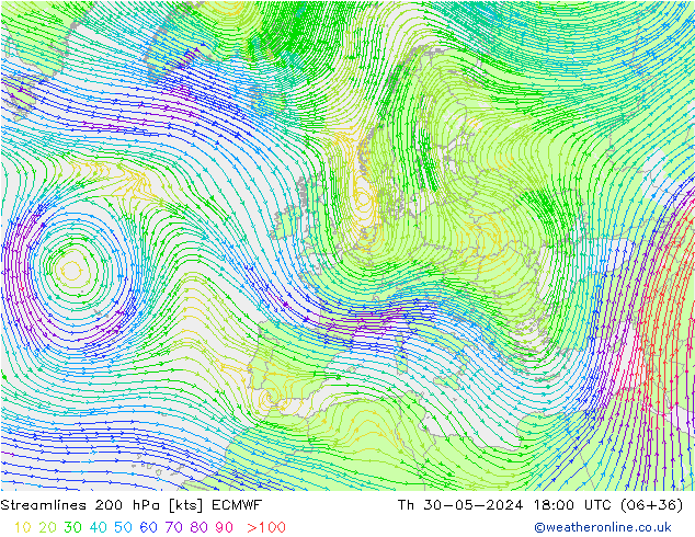 Stroomlijn 200 hPa ECMWF do 30.05.2024 18 UTC