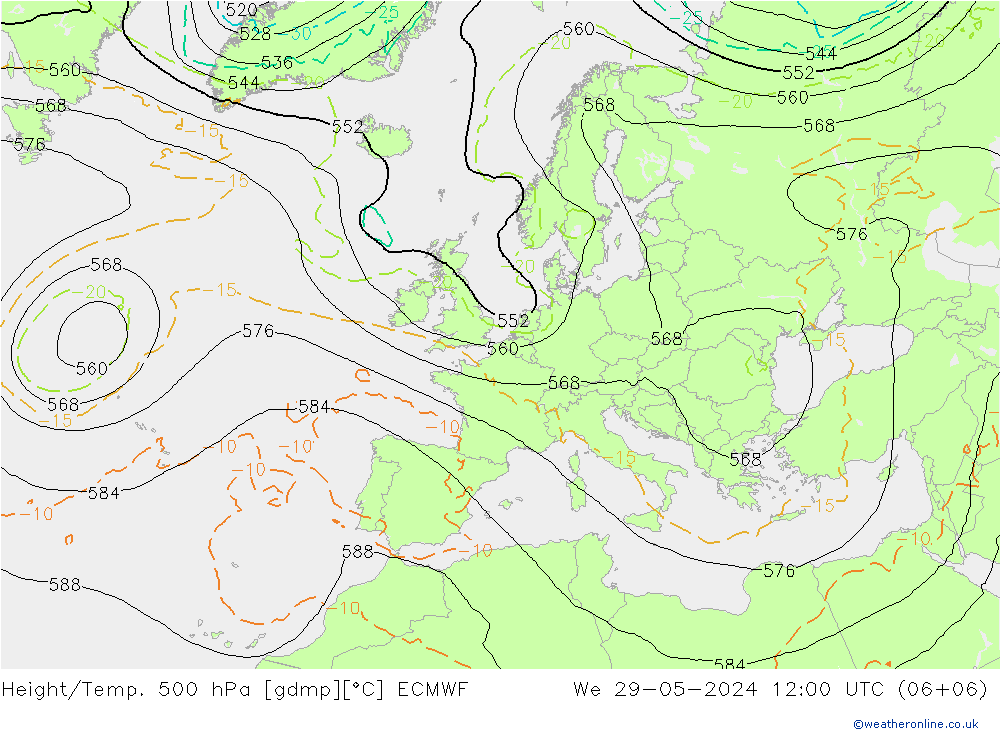 Z500/Yağmur (+YB)/Z850 ECMWF Çar 29.05.2024 12 UTC