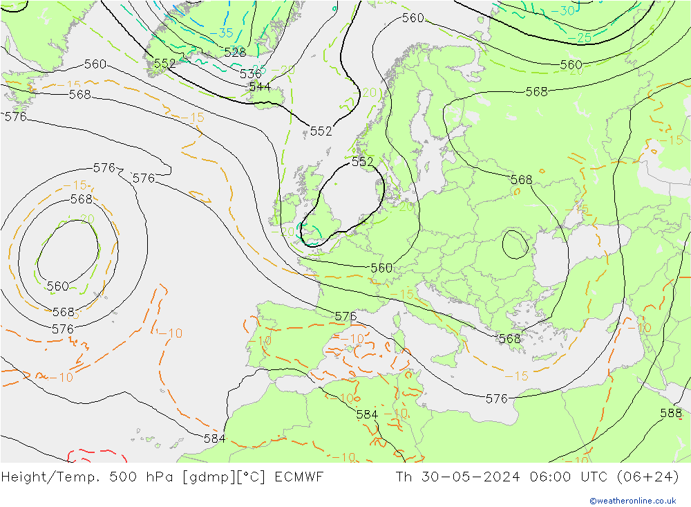 Z500/Rain (+SLP)/Z850 ECMWF 星期四 30.05.2024 06 UTC