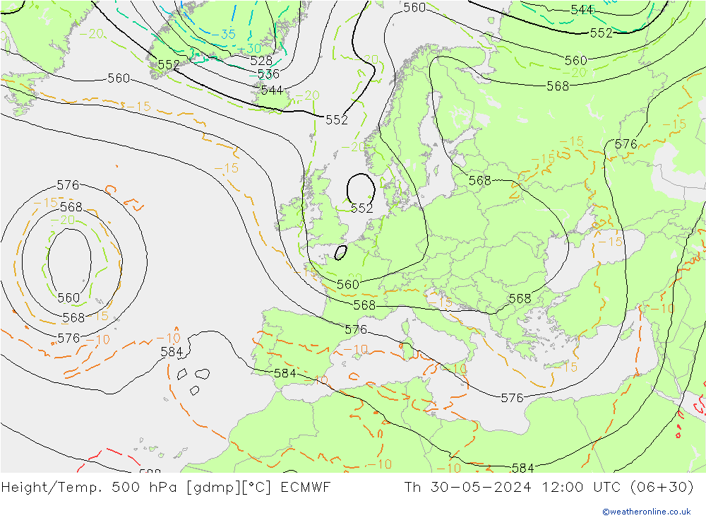 Z500/Rain (+SLP)/Z850 ECMWF Čt 30.05.2024 12 UTC