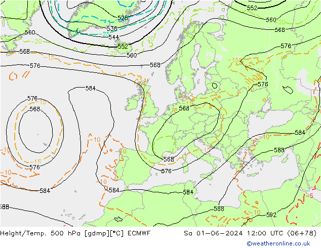 Height/Temp. 500 hPa ECMWF Sáb 01.06.2024 12 UTC