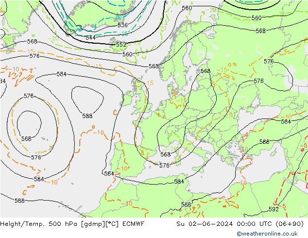 Height/Temp. 500 hPa ECMWF Dom 02.06.2024 00 UTC