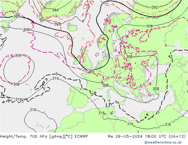 Height/Temp. 700 hPa ECMWF Mi 29.05.2024 18 UTC