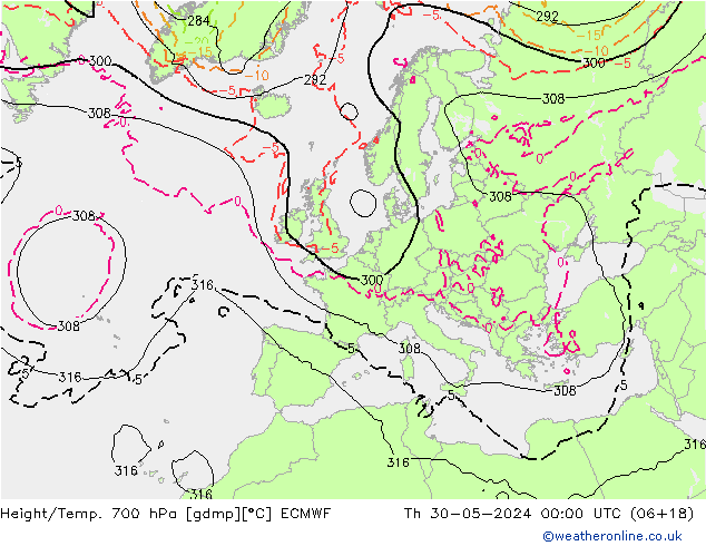 Height/Temp. 700 hPa ECMWF Čt 30.05.2024 00 UTC