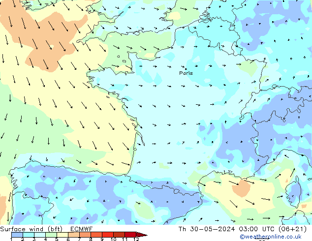 Vent 10 m (bft) ECMWF jeu 30.05.2024 03 UTC