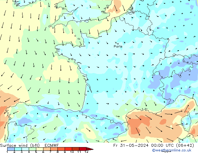 Vento 10 m (bft) ECMWF Sex 31.05.2024 00 UTC