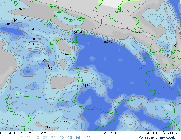 RH 300 hPa ECMWF We 29.05.2024 12 UTC