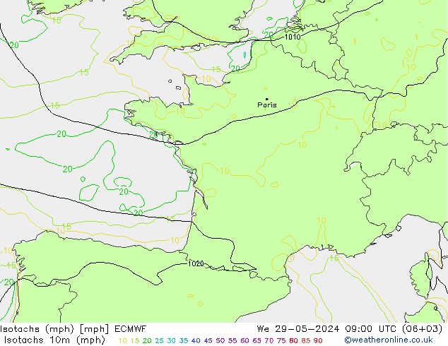 Isotachs (mph) ECMWF We 29.05.2024 09 UTC