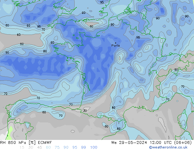 RH 850 hPa ECMWF mer 29.05.2024 12 UTC