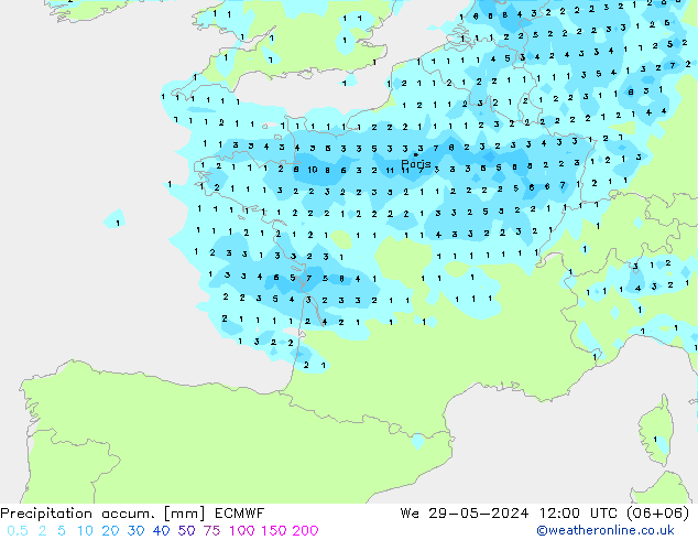 Totale neerslag ECMWF wo 29.05.2024 12 UTC