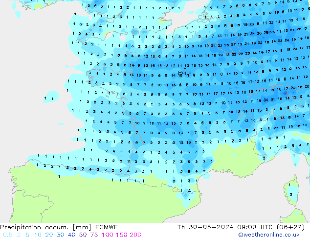 Precipitation accum. ECMWF Čt 30.05.2024 09 UTC