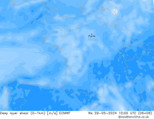 Deep layer shear (0-1km) ECMWF Mi 29.05.2024 12 UTC