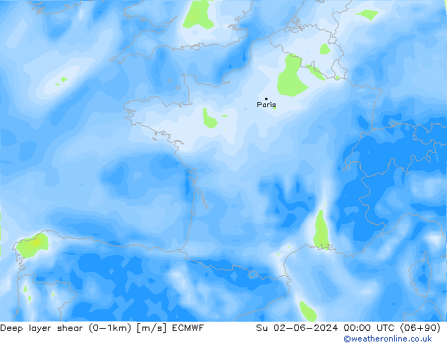 Deep layer shear (0-1km) ECMWF Ne 02.06.2024 00 UTC
