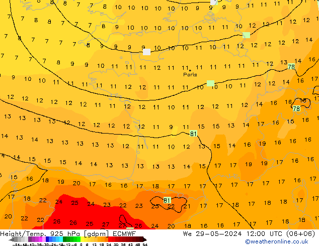 Height/Temp. 925 hPa ECMWF  29.05.2024 12 UTC