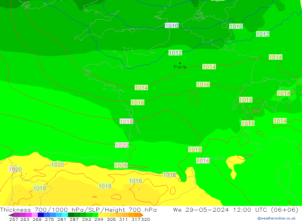 Thck 700-1000 hPa ECMWF mer 29.05.2024 12 UTC