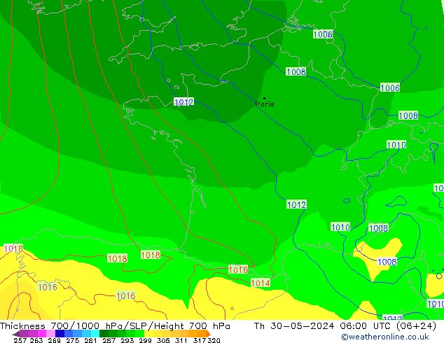 Thck 700-1000 hPa ECMWF Th 30.05.2024 06 UTC