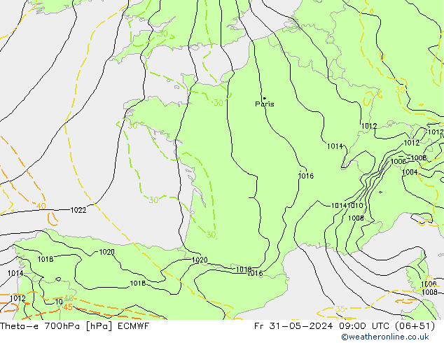 Theta-e 700hPa ECMWF  31.05.2024 09 UTC