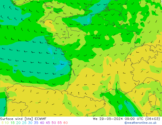 wiatr 10 m ECMWF śro. 29.05.2024 09 UTC